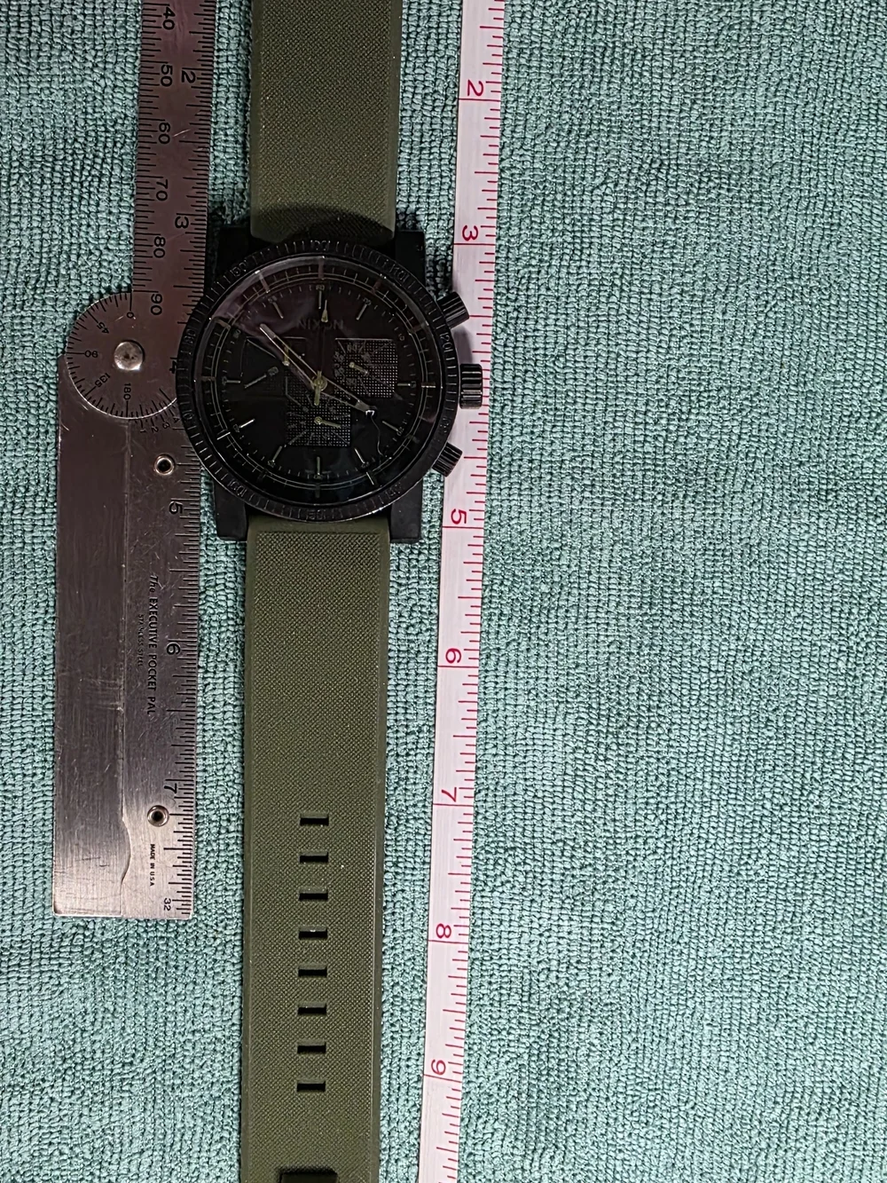 Nixon Black Dial Chronograph Watch with Olive Green Strap